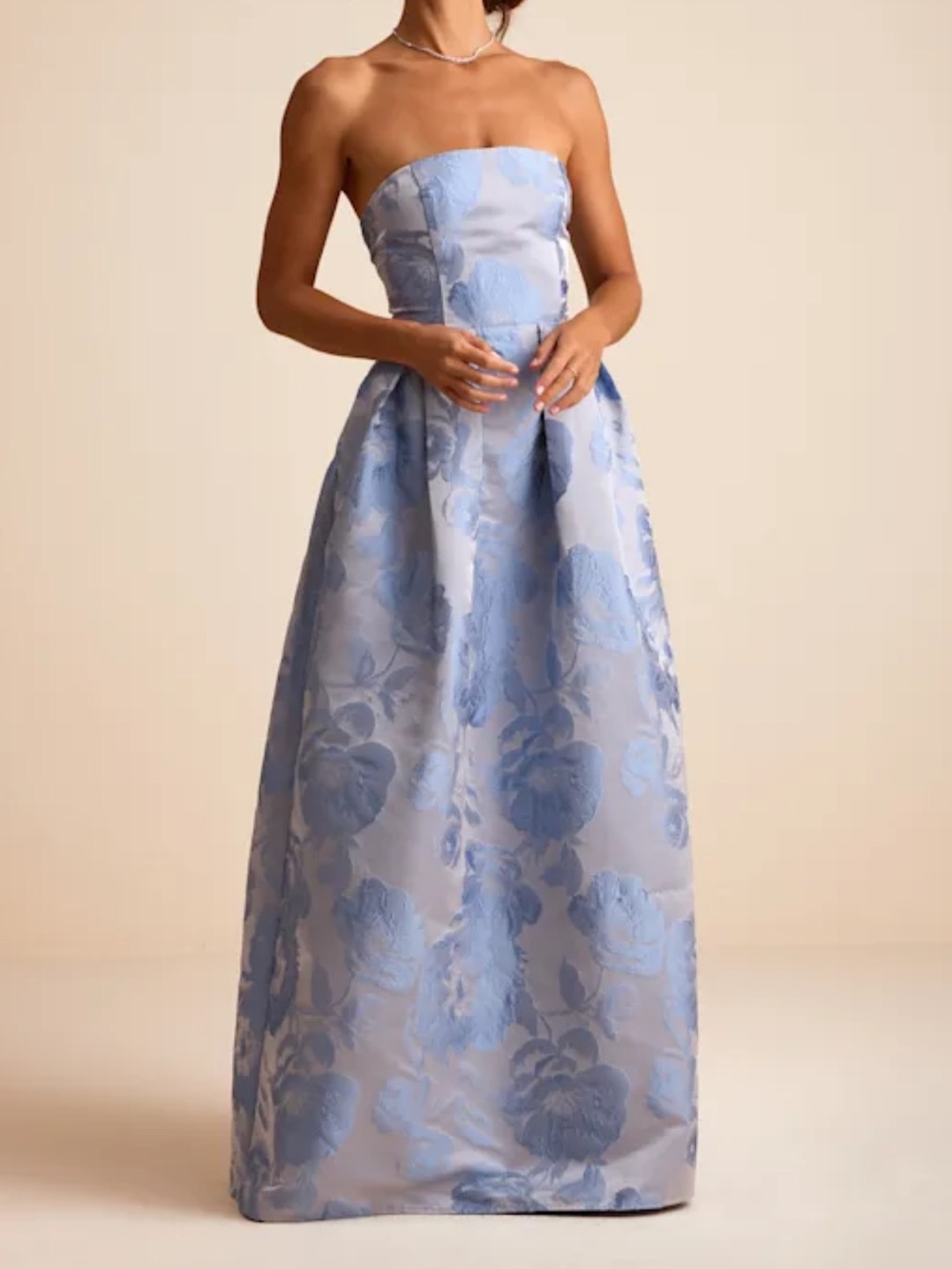 NWT Lulus Laurelin Slate Blue Floral Jacquard Pleated Strapless Maxi Dress